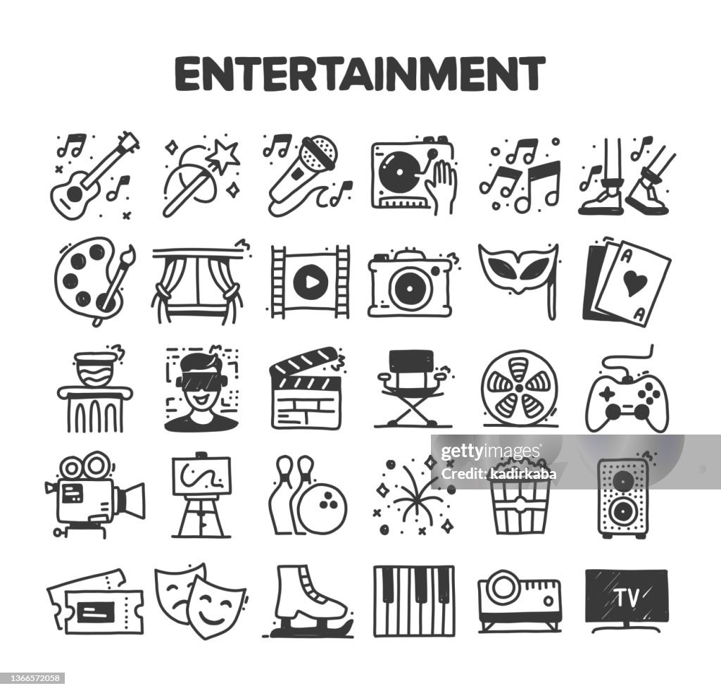Entertainment Related Hand Drawn Vector Doodle Icon Set
