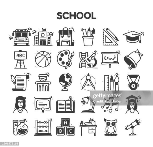 school related hand drawn vector doodle icon set - education event stock illustrations
