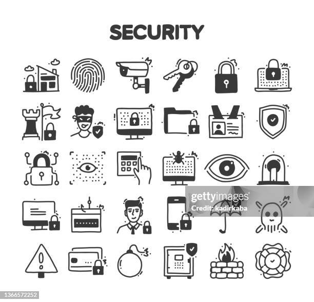 security related hand drawn vector doodle icon set - security keypad icon stock illustrations