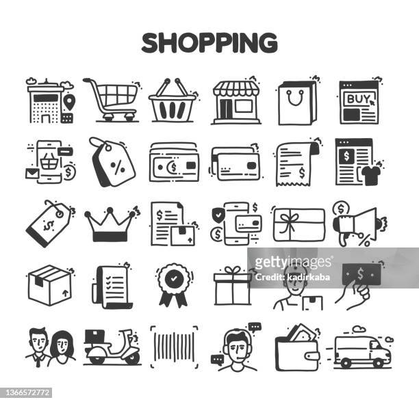ilustrações, clipart, desenhos animados e ícones de conjunto de ícones de doodle vetoriado de mão relacionado à compra - online shopping