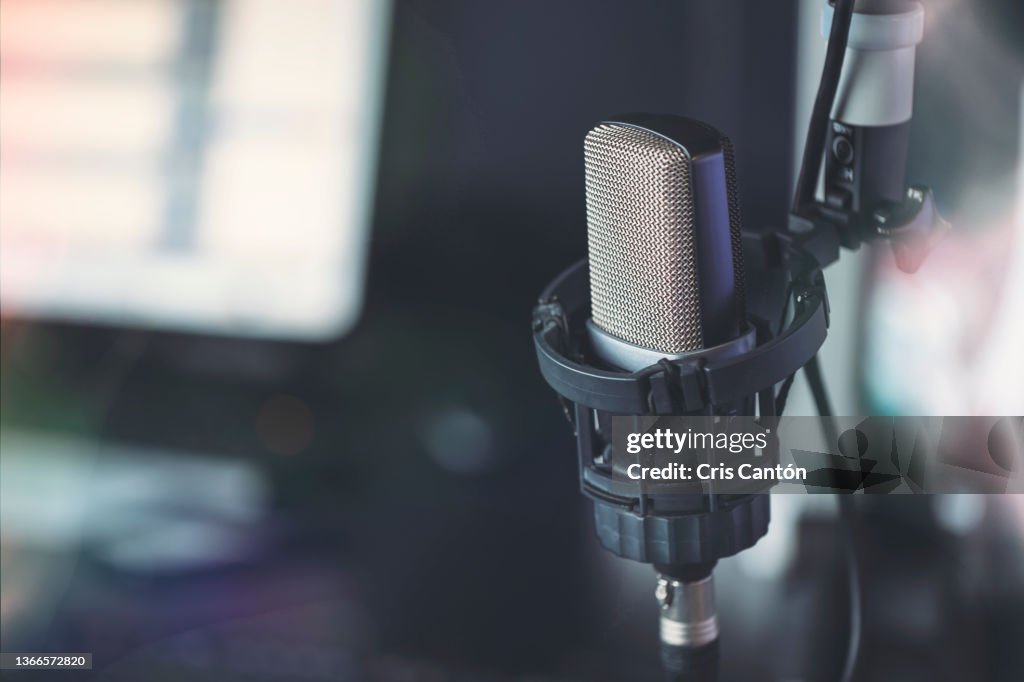 Close up of microphone in radio broadcast studio