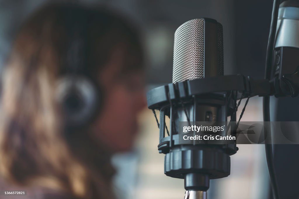 Close up of microphone in radio broadcast studio