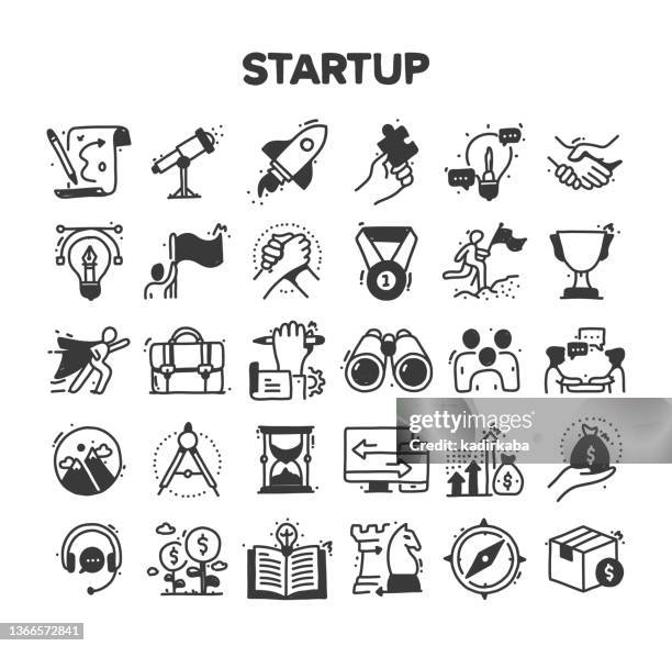 startup related hand drawn vector doodle icon set - visual merchandising stock illustrations
