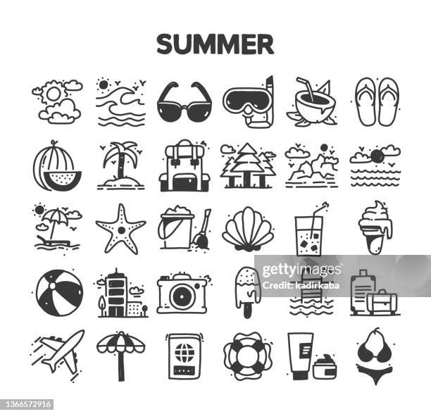 ilustraciones, imágenes clip art, dibujos animados e iconos de stock de conjunto de iconos de garabato vectorial dibujado a mano relacionado con el verano - sandia mountains
