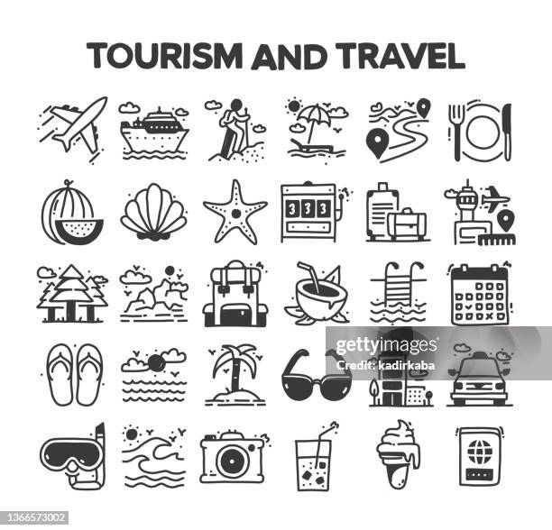 tourism and travel related hand drawn vector doodle icon set - mountain sea icon stock illustrations