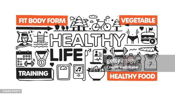 healthy life object and elements. vector doodle illustration collection. hand drawn icon set or banner template - basketball timeout stock illustrations