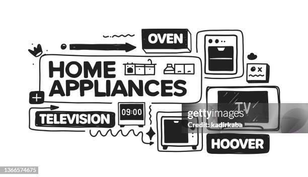 home appliances object and elements. vector doodle illustration collection. hand drawn icon set or banner template - digital clock stock illustrations