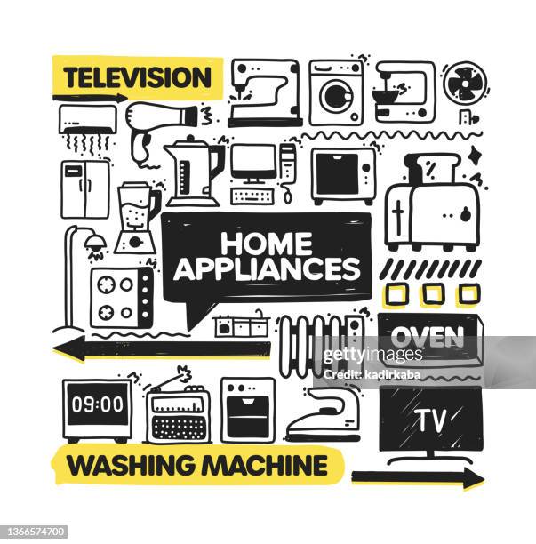 home appliances object and elements. vector doodle illustration collection. hand drawn icon set or banner template - electrical fire stock illustrations