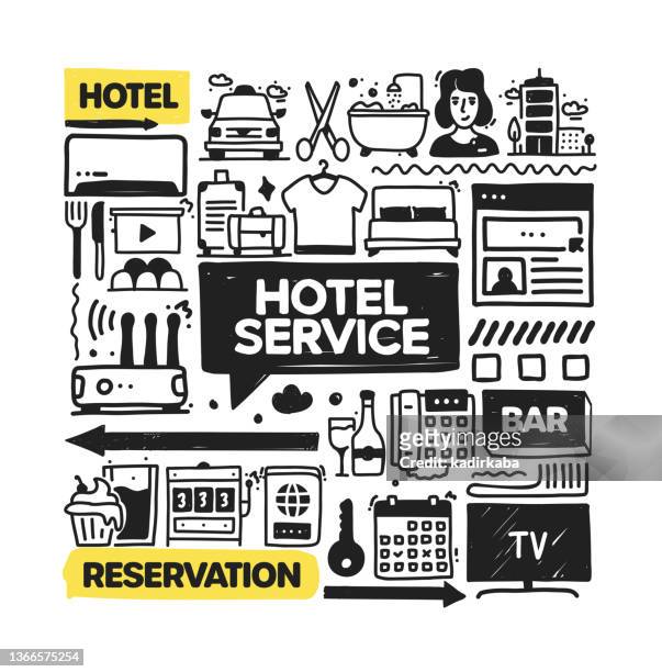 hotel service objekt und elemente. vektor-doodle-illustrationssammlung. handgezeichnetes icon-set oder banner-template - eingangshalle gebäudeteil stock-grafiken, -clipart, -cartoons und -symbole