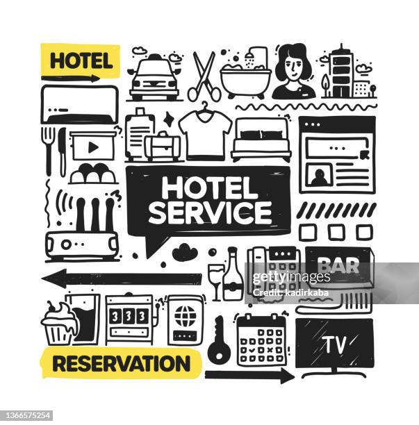 hotel service object and elements. vector doodle illustration collection. hand drawn icon set or banner template - cleaning counter stock illustrations
