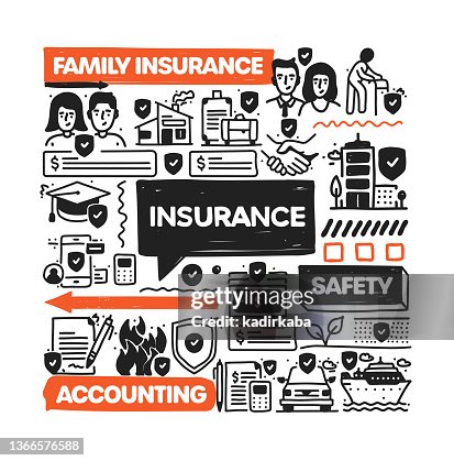 Insurance object and elements. Vector doodle illustration collection. Hand drawn icon set or banner template Insurance object and elements. Vector doodle illustration collection. Hand drawn icon set or banner template