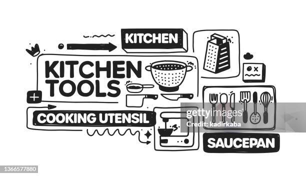 stockillustraties, clipart, cartoons en iconen met kitchen tools object and elements. vector doodle illustration collection. hand drawn icon set or banner template - colander