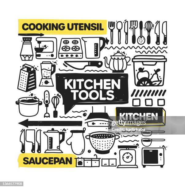 kitchen tools object and elements. vector doodle illustration collection. hand drawn icon set or banner template - kitchen surface stock illustrations