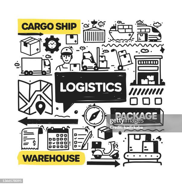 logistics object and elements. vector doodle illustration collection. hand drawn icon set or banner template - truck drawing stock illustrations