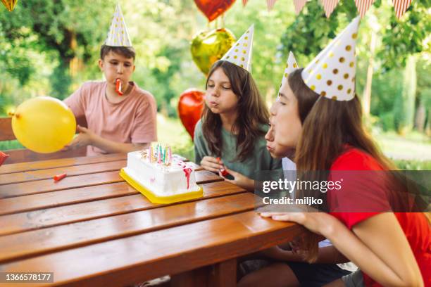 birthday celebration in the backyard - boy girl balloon stock pictures, royalty-free photos & images