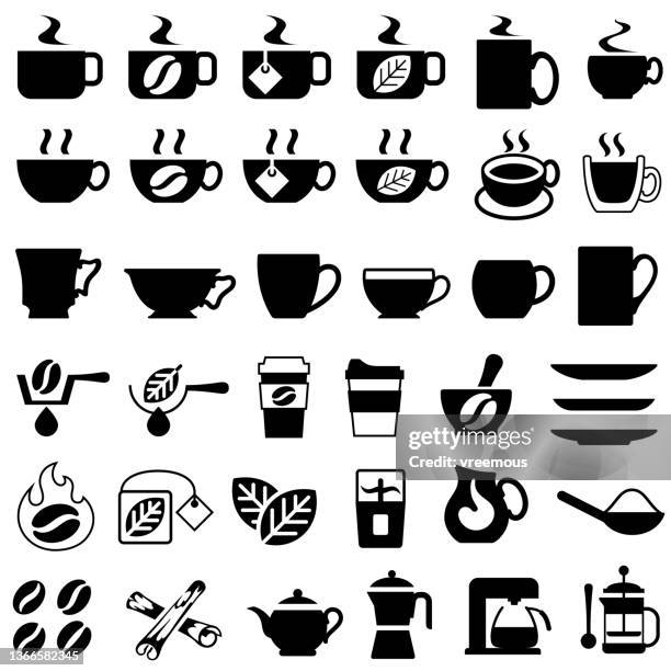 stockillustraties, clipart, cartoons en iconen met coffee and tea drinks and products icons - theeblaadjes