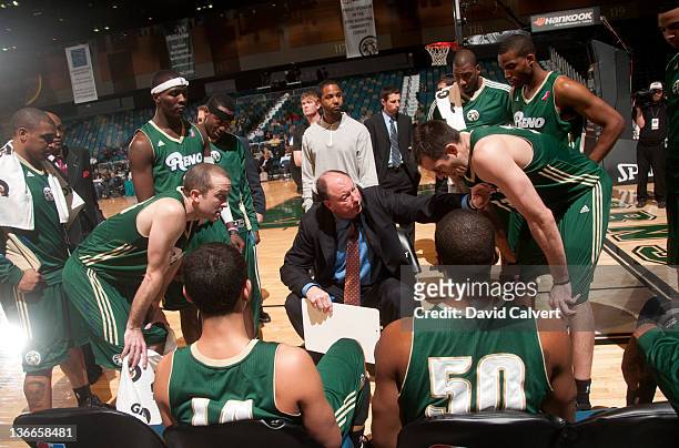 Paul Mokeski, head coach of the Reno Bighorns talks to his team during a timeout against the Rio Grande Valley Vipers during the 2012 NBA D-League...