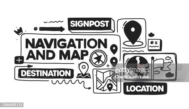 stockillustraties, clipart, cartoons en iconen met navigation and map object and elements. vector doodle illustration collection. hand drawn icon set or banner template - hostel
