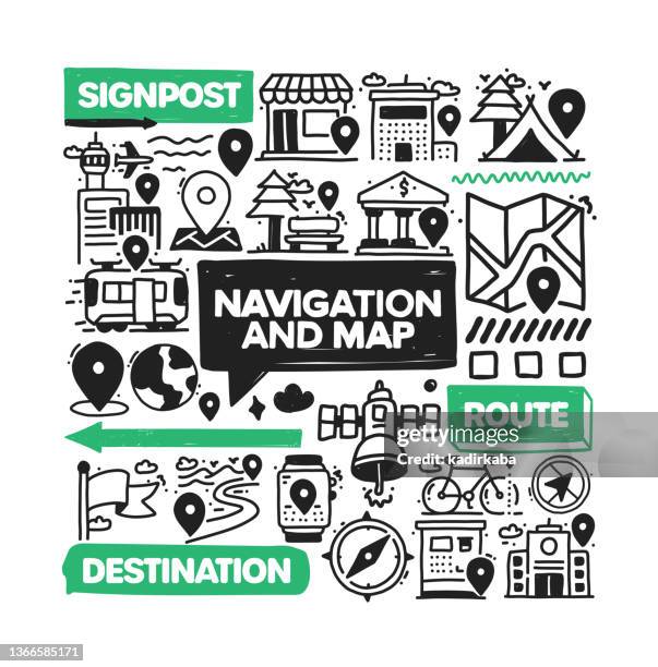 navigation and map object and elements. vector doodle illustration collection. hand drawn icon set or banner template - return arrow stock illustrations