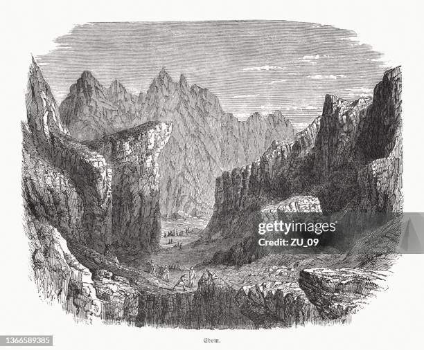 historical view of edom, wood engraving, published in 1862 - jordan middle east stock illustrations