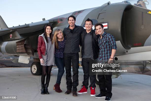 Actors Miranda Cosgrove, Jennette McCurdy, Jerry Trainor, Noah Munck and Nathan Kress of Nickelodeon's iCarly pose at MCAS Miramar on January 9, 2012...