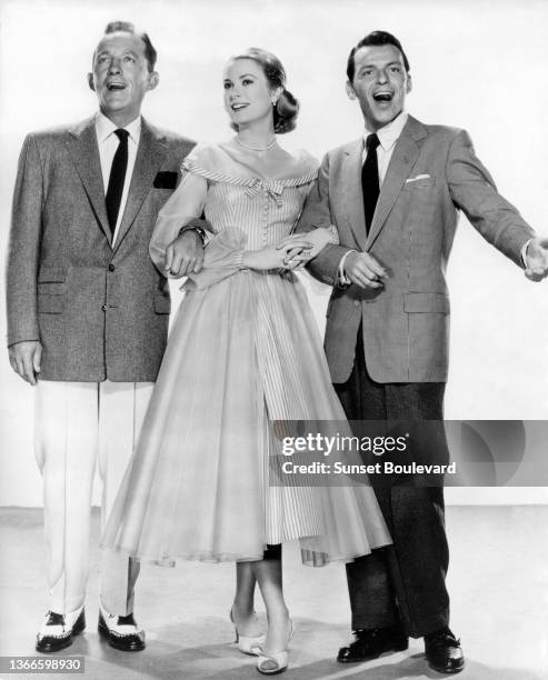 American actors Bing Crosby, Grace Kelly, and Frank Sinatra as C.K. Dexter-Haven, Tracy Lord, and Mike Connor, on the set of the film High Society,...