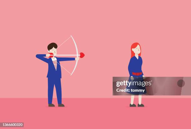 stockillustraties, clipart, cartoons en iconen met a boy holds a bow to aim at a girl - amor
