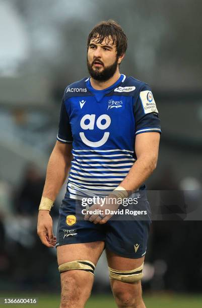 Lood de Jager of Sale Sharks looks on during the Heineken Champions Cup match between Sale Sharks and Ospreys at AJ Bell Stadium on January 23, 2022...