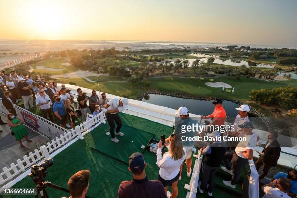 Paul Casey of England the winner of the JA Bibe Roof Top Bar Challenge at The JA Lake View Hotel plays his shot during a charity shoot-out with...
