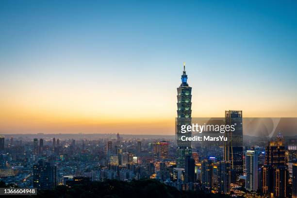 panoramic taipei cityscape at dusk - taipei stock pictures, royalty-free photos & images