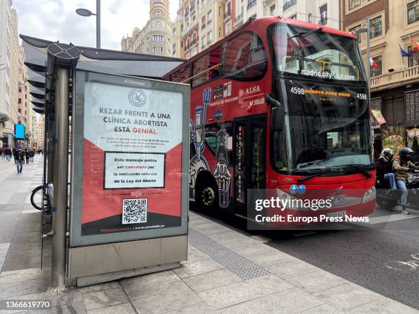 Poster which supports 'praying' against abortion on a bus stop bus shelter, on 24 January, 2022 in Madrid, Spain. The Catholic Association of...