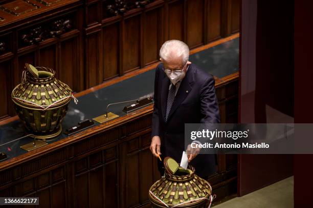 Mario Monti casts his ballot during the first round for the election of the new Italian President at the Chamber of Deputies, on January 24, 2022 in...