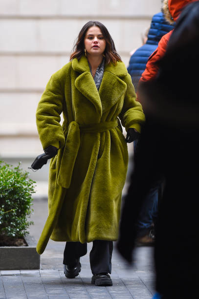 Selena Gomez seen filming "Only Murders in the Building" in Manhattan on January 24, 2022 in New York City.