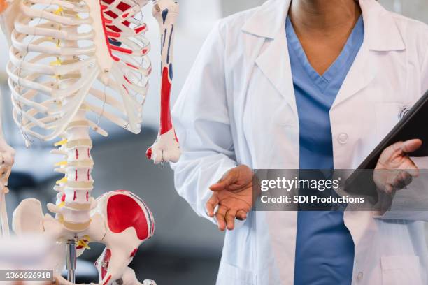 unrecognizable female teacher gestures while lecturing about skeletal system - human skeletal system stockfoto's en -beelden