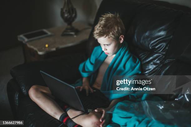 boy using laptop while at home - annie otzen stock pictures, royalty-free photos & images