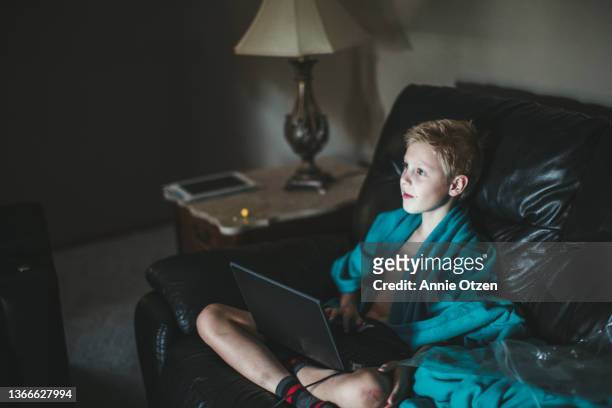 boy using a laptop computer - annie otzen stock pictures, royalty-free photos & images