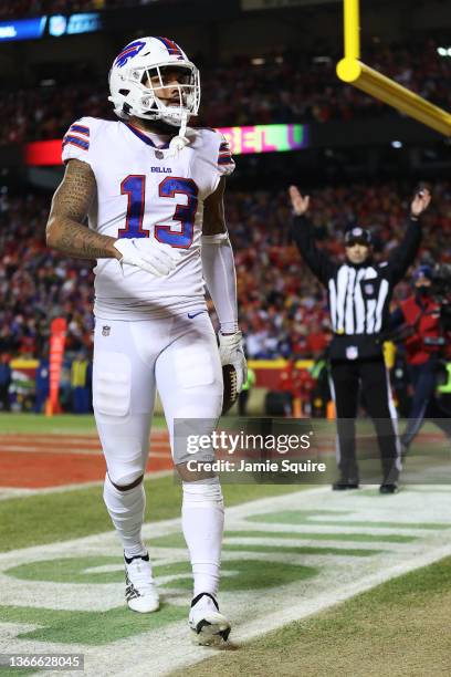 Gabriel Davis of the Buffalo Bills celebrates after scoring a 75 yard touchdown against the Kansas City Chiefs during the fourth quarter in the AFC...