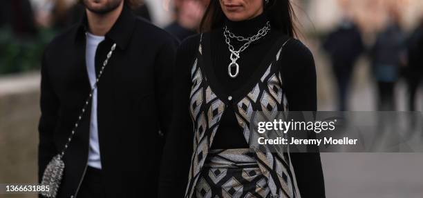 Alice Barbier and js Roques outside Paco Rabanne on January 23, 2022 in Paris, France.