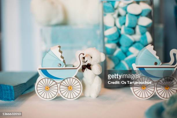 mini teddy bear with a stroller as sweet table decorations in blue and white - babyshower bildbanksfoton och bilder