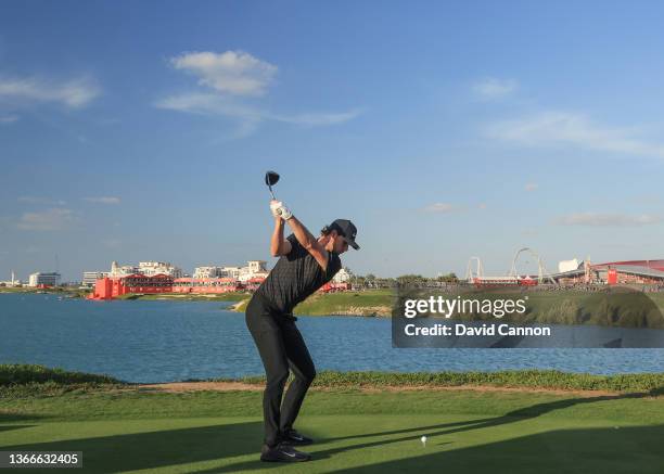 Part of swing sequence; Thomas Pieters of Belgium plays his tee shot with a driver on the 18th hole during Day Four of the Abu Dhabi HSBC...