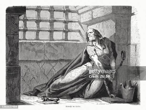 king manasseh in babylonian captivity, wood engraving, published in 1862 - ancient babylon stock illustrations