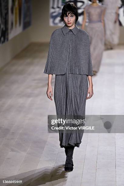 Model walks the runway during the Dior Haute Couture Spring/Summer 2022 fashion show as part of the Paris Haute Couture Week on January 24, 2022 in...