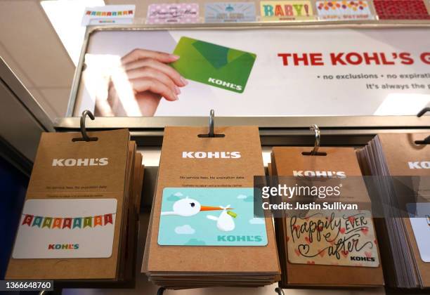 Kohl's gift cards are displayed at a Kohl's store on January 24, 2022 in San Rafael, California. Retailer Kohl's has received an unsolicited $9...