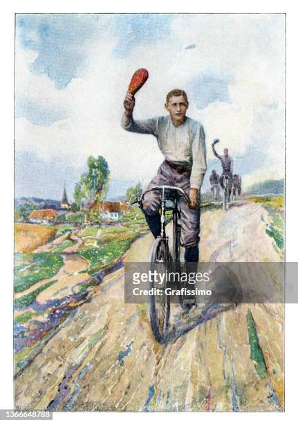 ilustrações de stock, clip art, desenhos animados e ícones de man on rural road riding bicycle drawing 1899 - bicicleta vintage