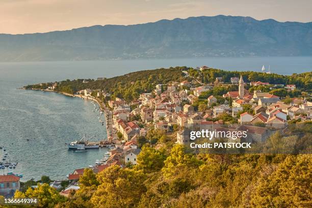 high angle view on the village of povlja on brac island, croatia. - brac croatia stock pictures, royalty-free photos & images