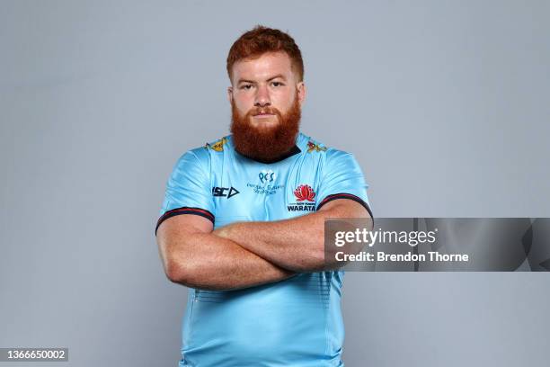 Harry Johnson-Holmes of the Waratahs poses during the NSW Waratahs Super Rugby 2022 headshots session at ARU HQ on January 19, 2022 in Sydney,...
