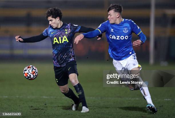 Yago Alonso of Tottenham Hotspur battles for possession with Nathan Patterson of Everton during the Premier League 2 match between Everton U23 and...
