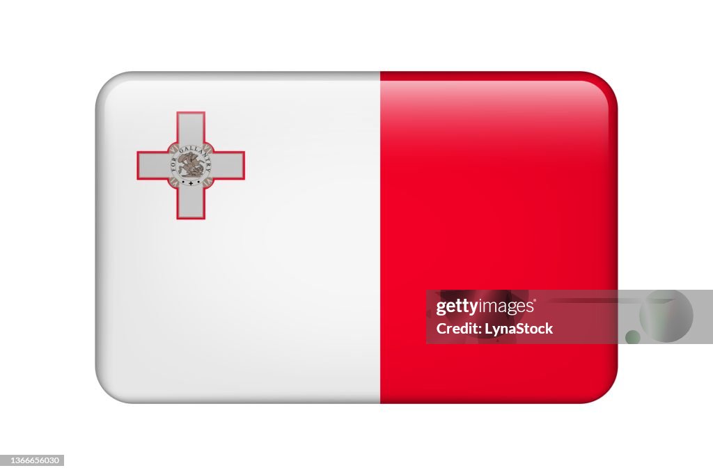 Bandeira nacional de Malta. Ícone vetorial. Botão de vidro para web, app, ui. Faixa brilhante.