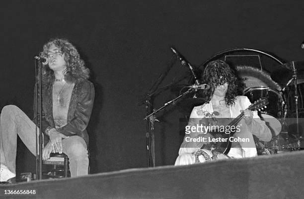 British singer and songwriter Robert Plant and English musician, songwriter, multi-instrumentalist and record producer Jimmy Page, of the English...