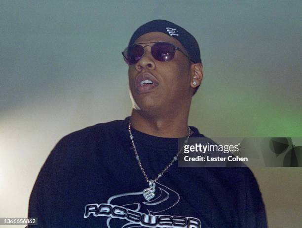 American rapper, songwriter, record executive, entrepreneur, and media proprietor Jay-Z performs during a Def Jam Island Records party circa 1998 in...